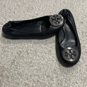 Tory Burch Reva Ballet Flats DISCONTINUED RARE 5.5 EU 36 Leather Black SIlver